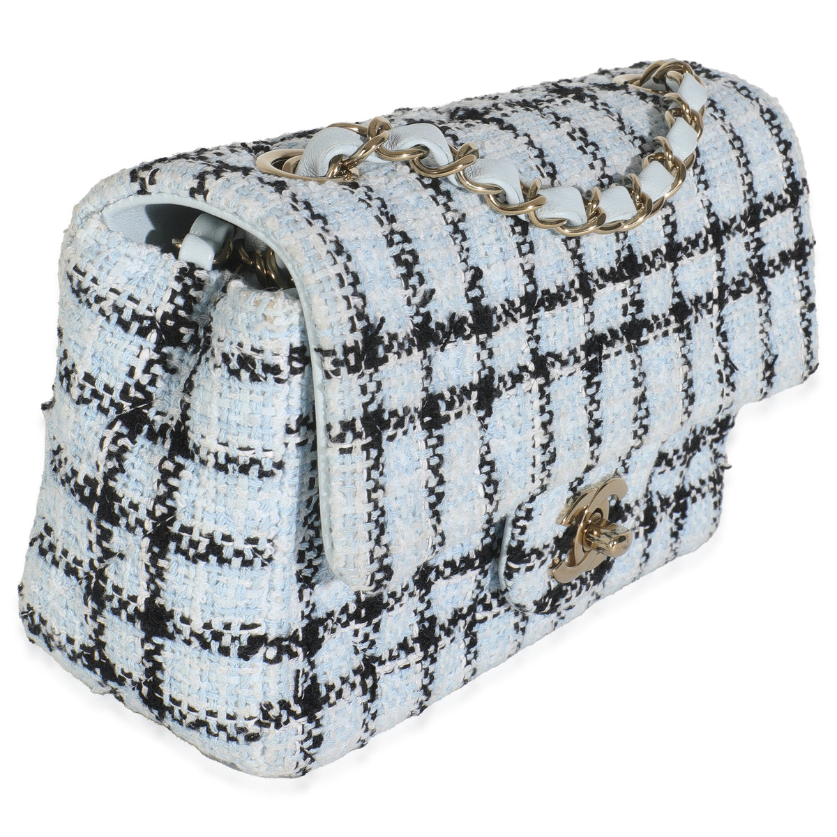 Blue White Tweed Quilted Mini Rectangular Flap Bag