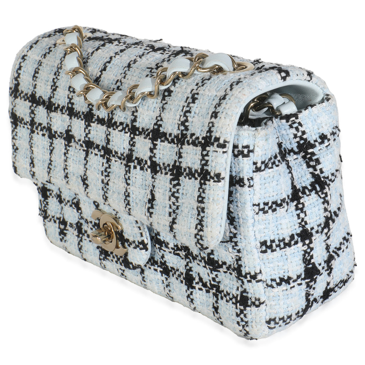 Blue White Tweed Quilted Mini Rectangular Flap Bag