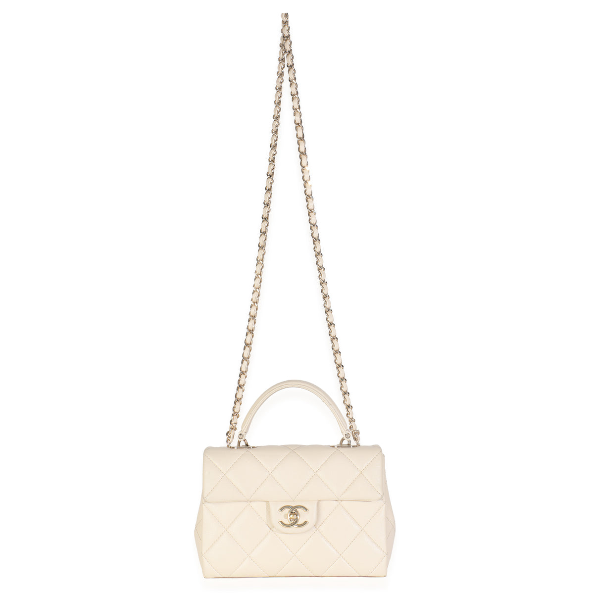 Beige Quilted Caviar Mini Retro Twist Top Handle Flap Handbag
