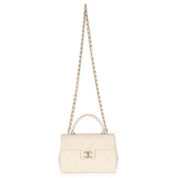 Beige Quilted Caviar Mini Retro Twist Top Handle Flap Handbag