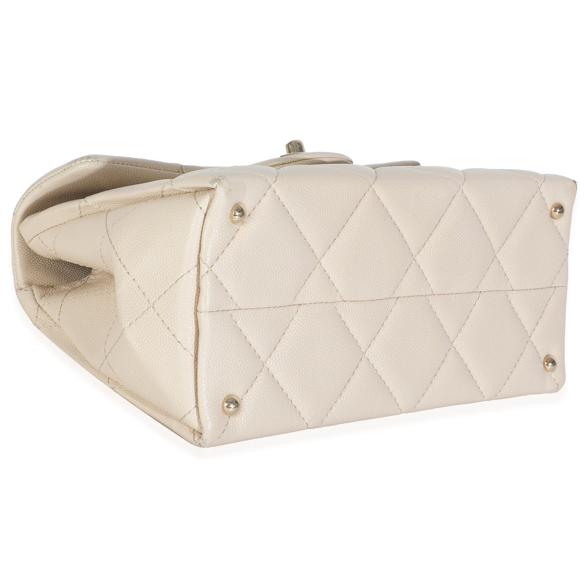 Beige Quilted Caviar Mini Retro Twist Top Handle Flap Handbag