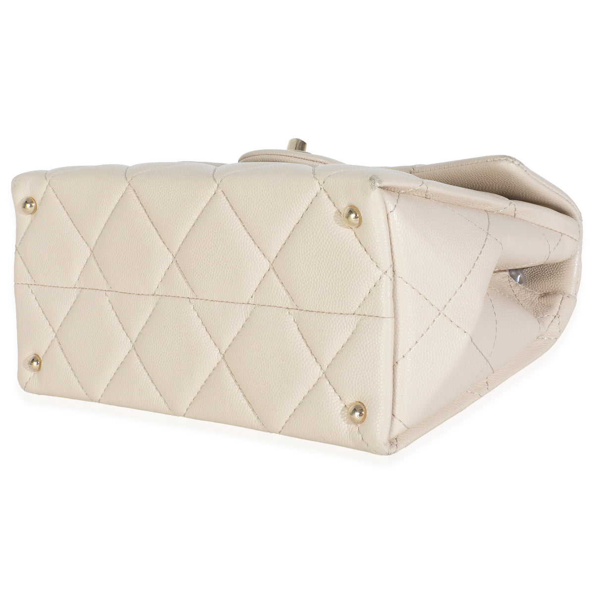 Beige Quilted Caviar Mini Retro Twist Top Handle Flap Handbag