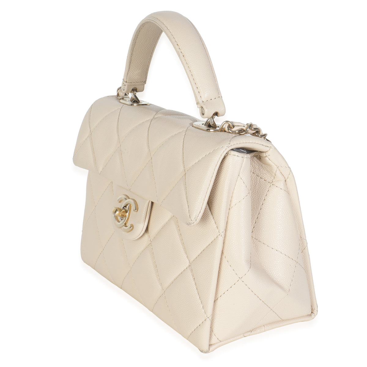 Beige Quilted Caviar Mini Retro Twist Top Handle Flap Handbag