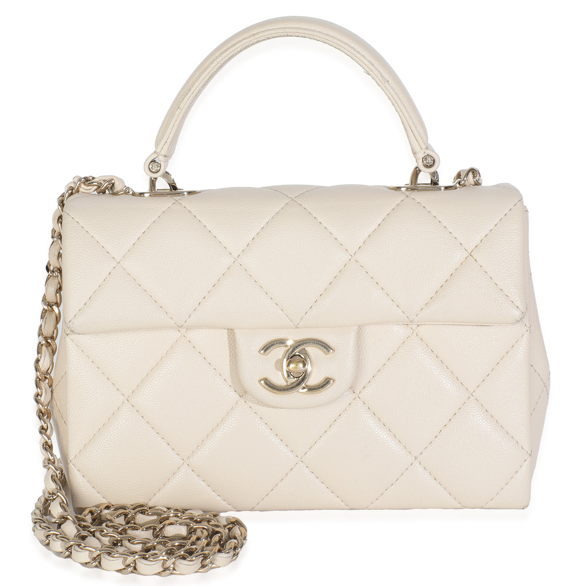 Beige Quilted Caviar Mini Retro Twist Top Handle Flap Handbag
