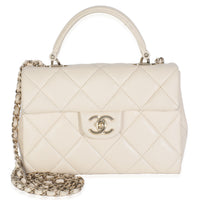Beige Quilted Caviar Mini Retro Twist Top Handle Flap Handbag