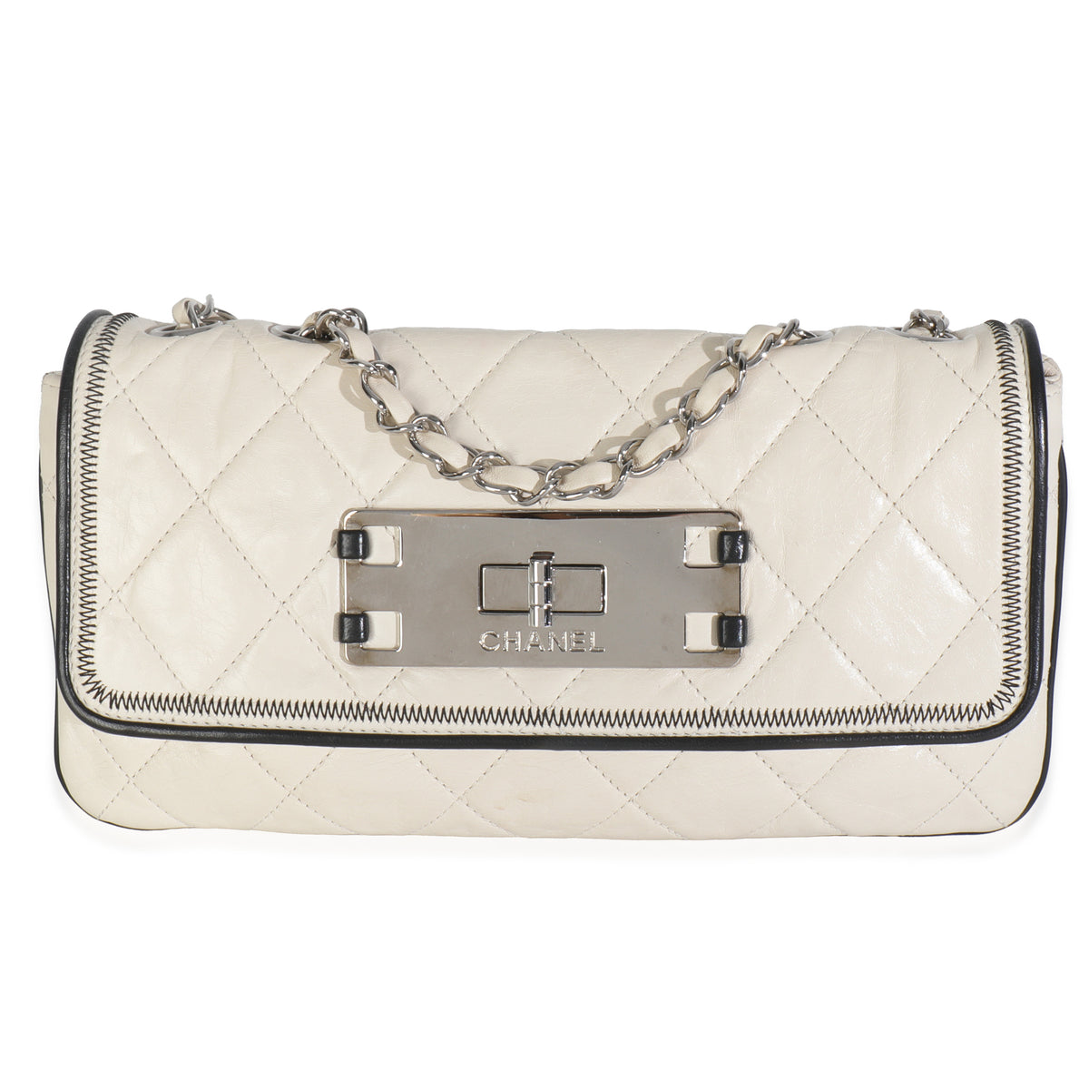 White Quilted Lambskin East/West Reissue Flap Bag
