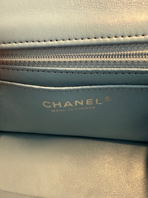 Blue White Quilted Metallic Tweed Braided Mini Rectangular Flap Bag