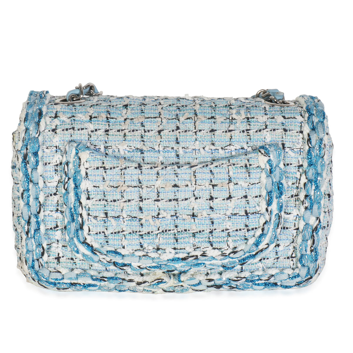 Blue White Quilted Metallic Tweed Braided Mini Rectangular Flap Bag