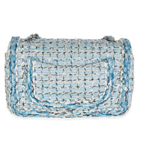 Blue White Quilted Metallic Tweed Braided Mini Rectangular Flap Bag