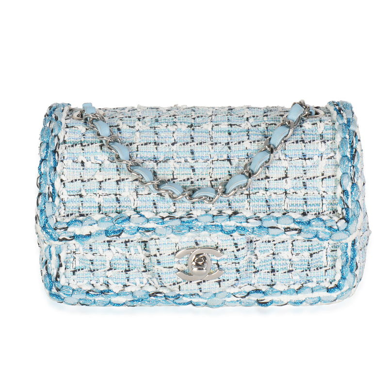 Blue White Quilted Metallic Tweed Braided Mini Rectangular Flap Bag