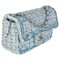 Blue White Quilted Metallic Tweed Braided Mini Rectangular Flap Bag