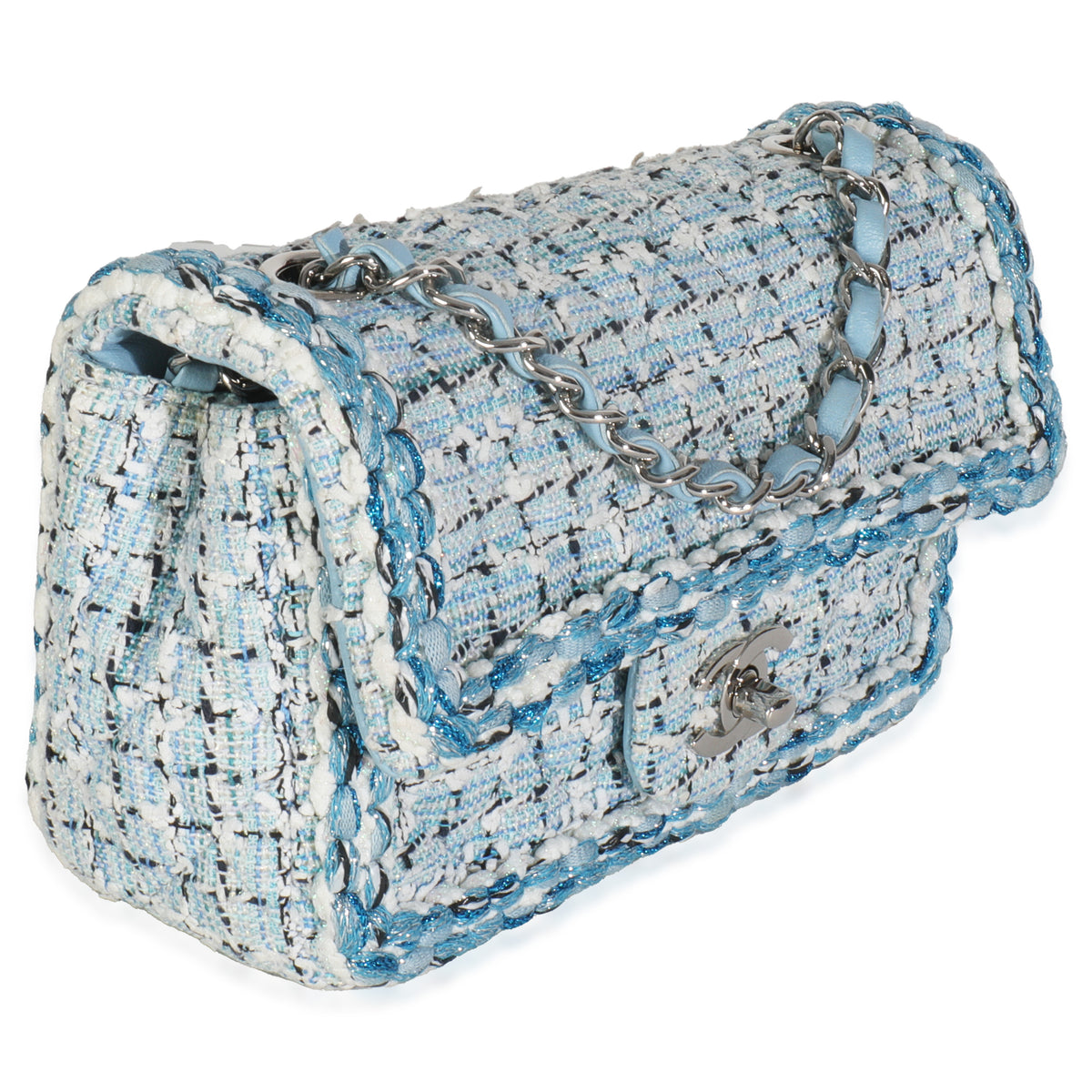 Blue White Quilted Metallic Tweed Braided Mini Rectangular Flap Bag
