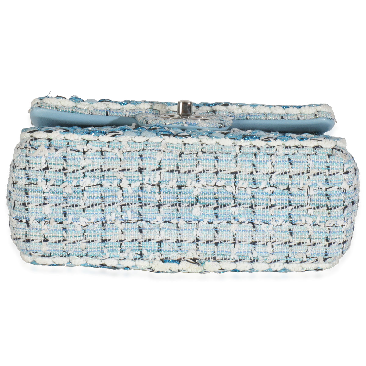 Blue White Quilted Metallic Tweed Braided Mini Rectangular Flap Bag