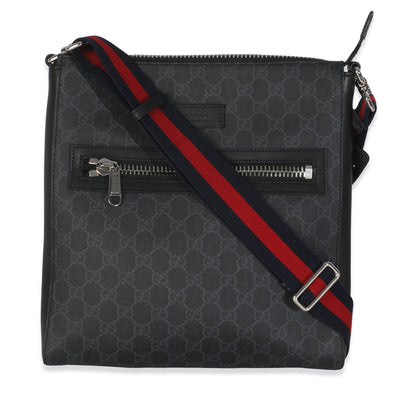 Black Grey GG Supreme Appia Calfskin Web Flat Messenger Bag