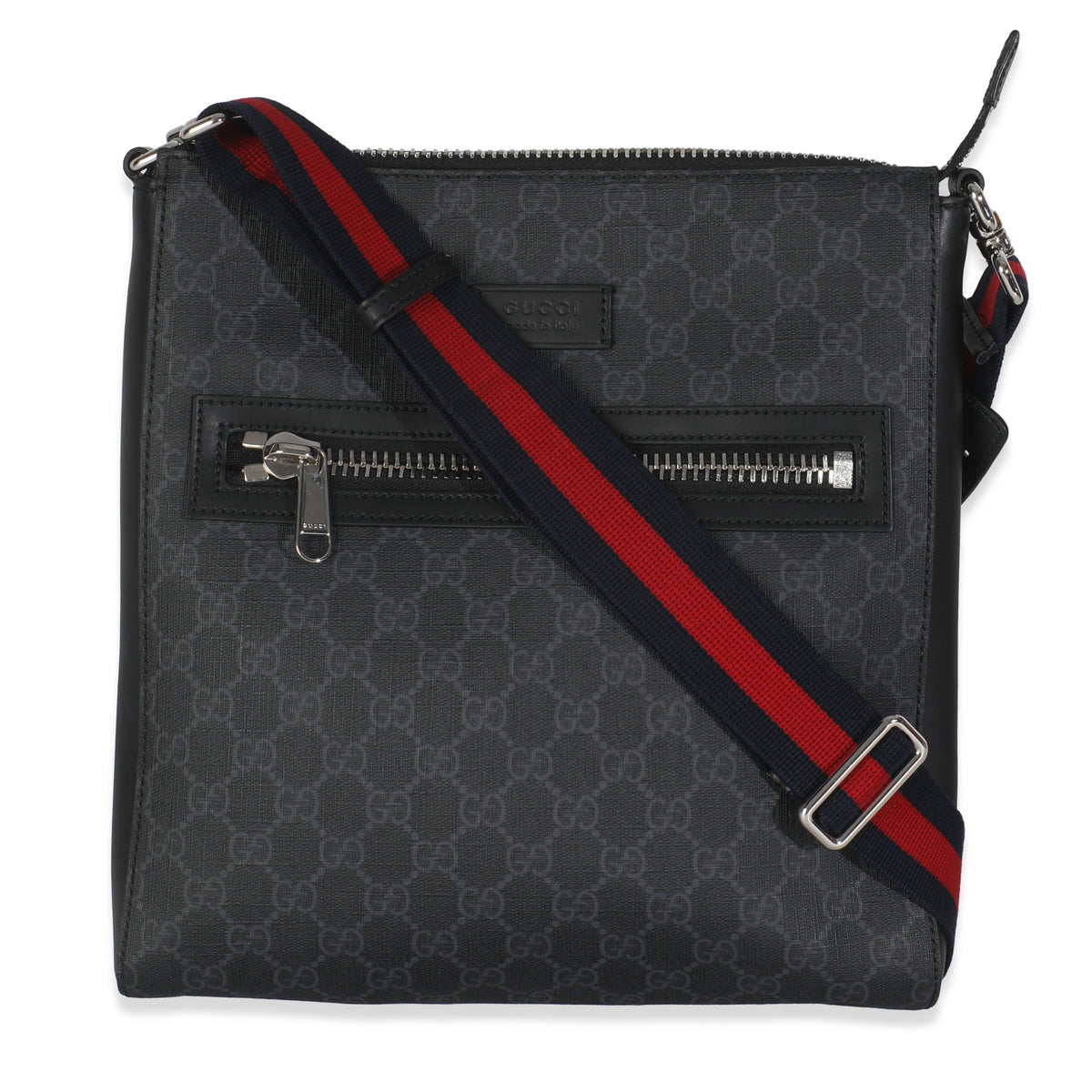 Black Grey GG Supreme Appia Calfskin Web Flat Messenger Bag