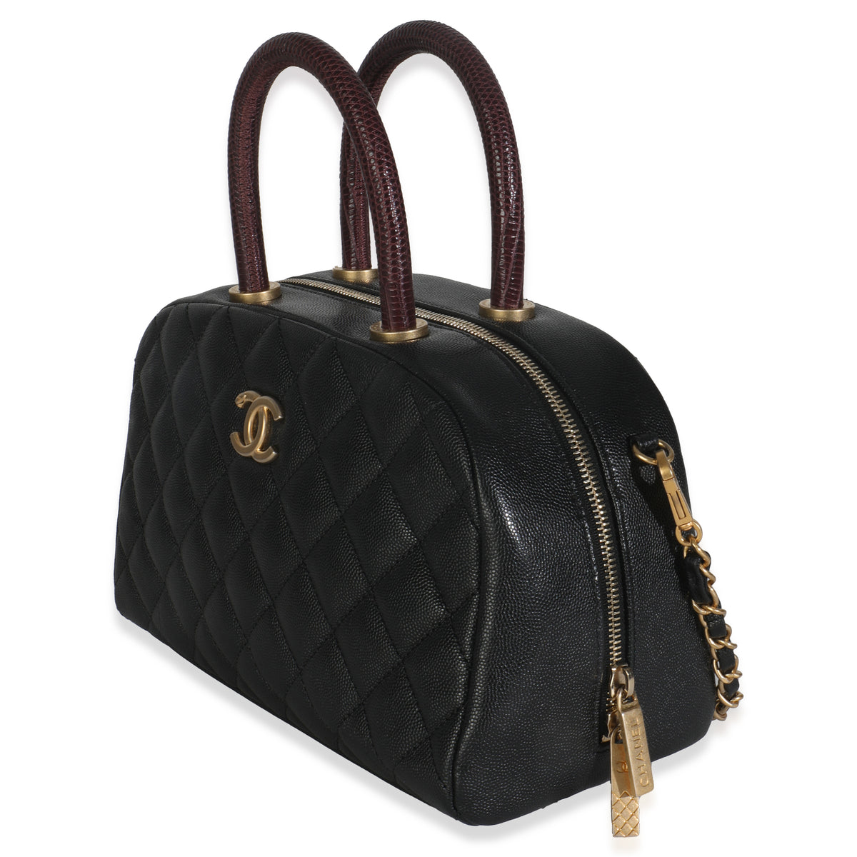 Black Quilted Caviar Coco Top Handle Bowling Bag