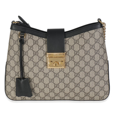 Gucci Beige Black GG Supreme Monogram Canvas Medium Padlock Shoulder Bag Handbag fv