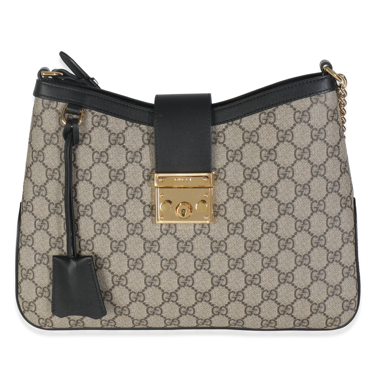 Gucci Beige Black GG Supreme Monogram Canvas Medium Padlock Shoulder Bag Handbag fv