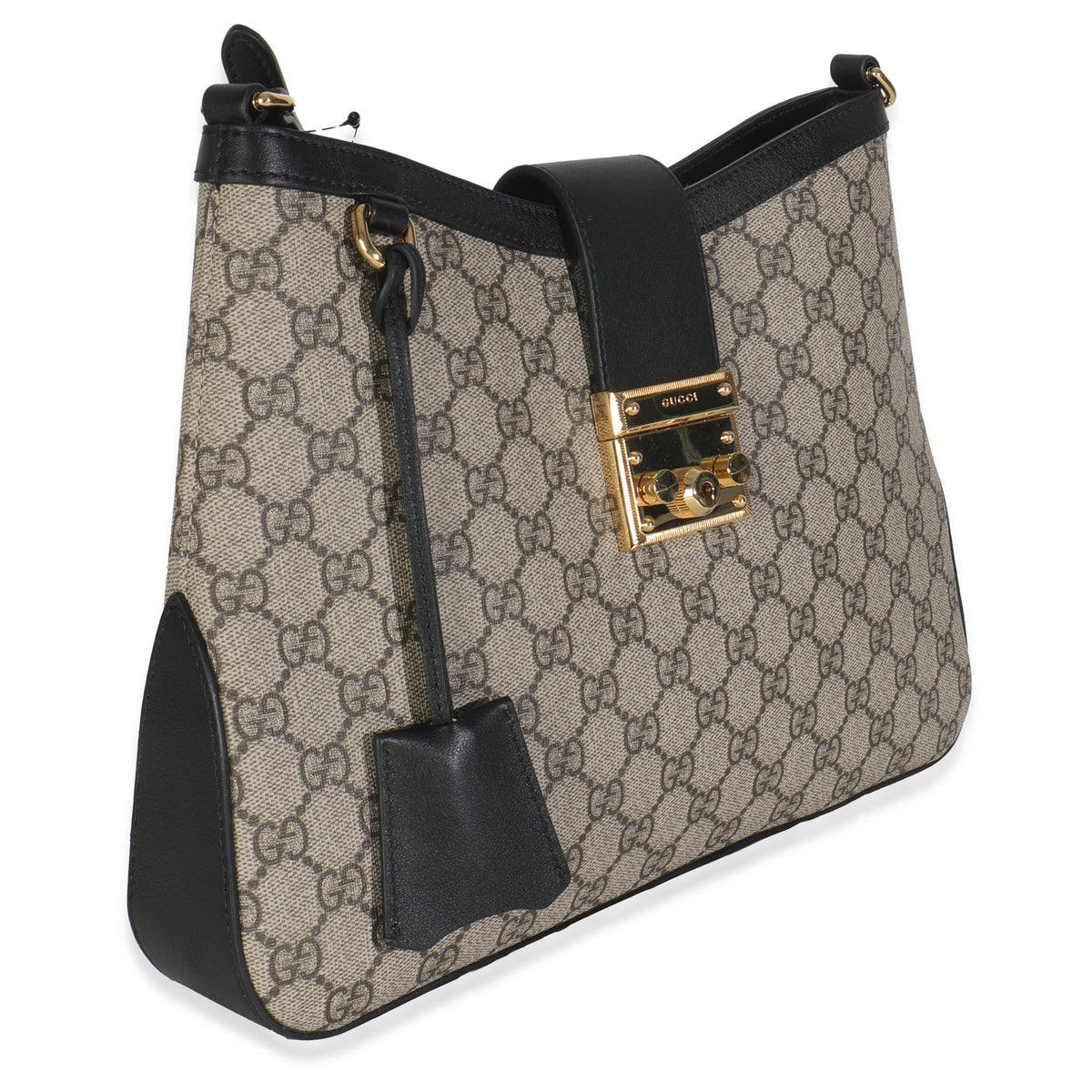 Gucci Beige Black GG Supreme Monogram Canvas Medium Padlock Shoulder Bag Handbag pv