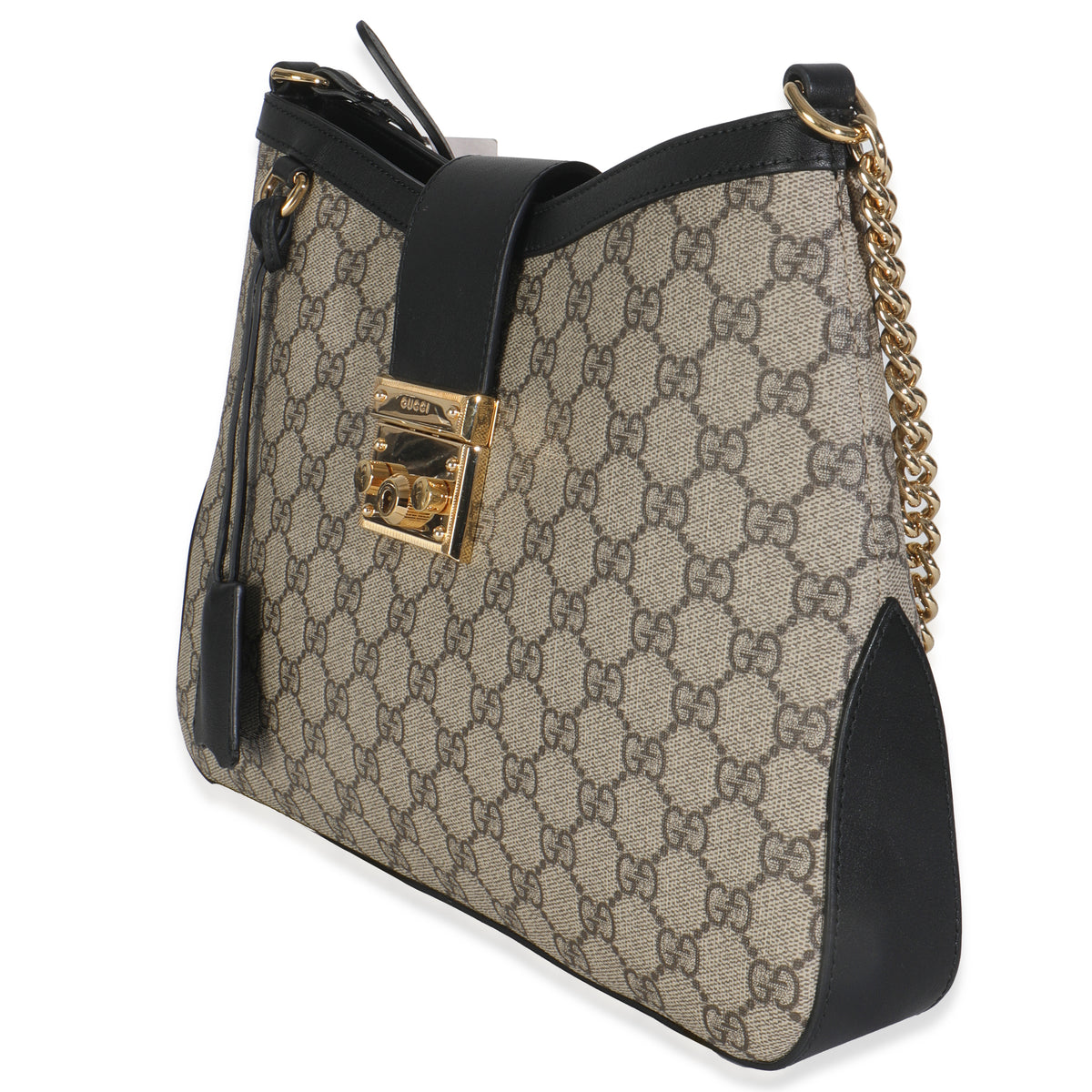 Gucci Beige Black GG Supreme Monogram Canvas Medium Padlock Shoulder Bag Handbag sv