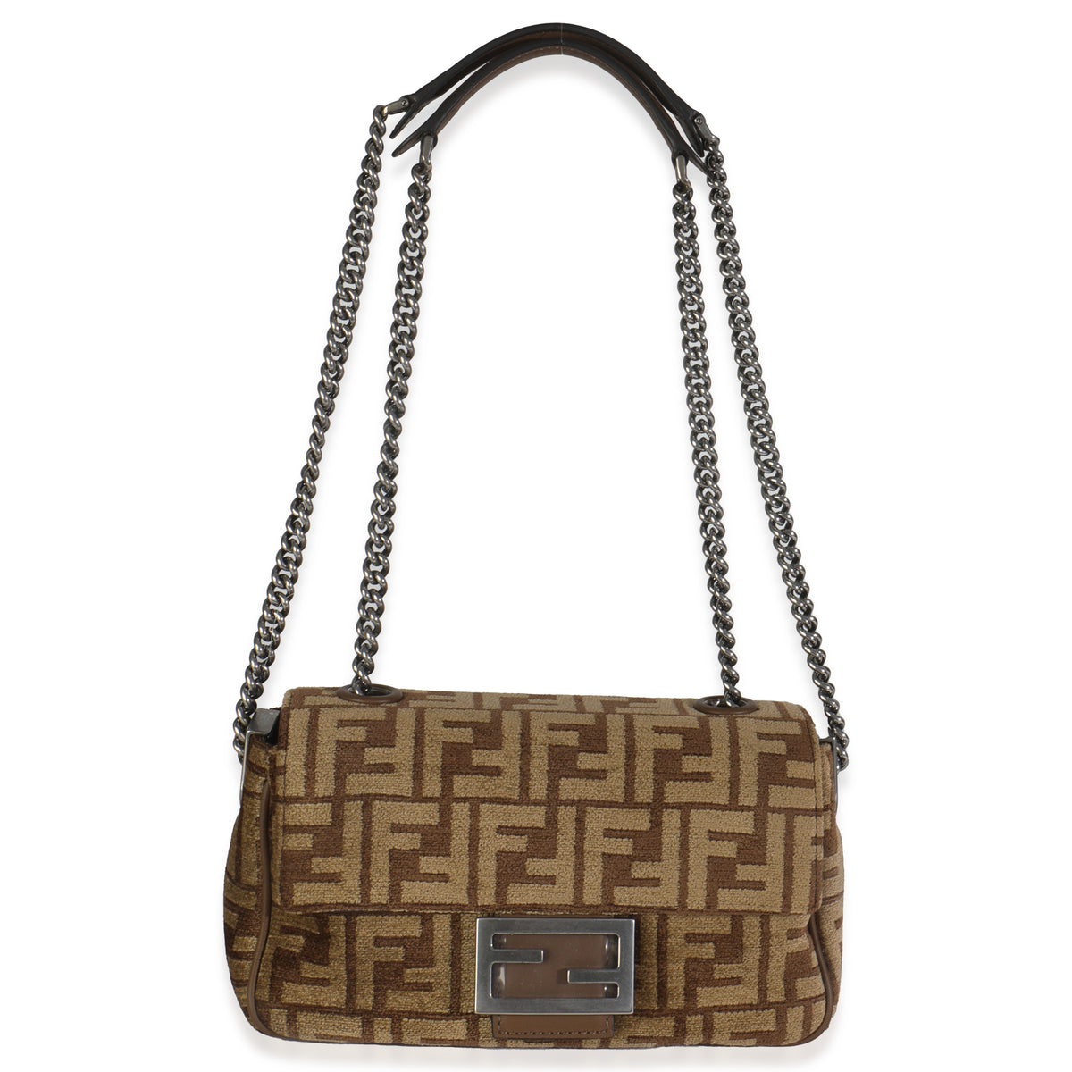 Brown Chenille Vitello Seta FF Midi Chain Baguette