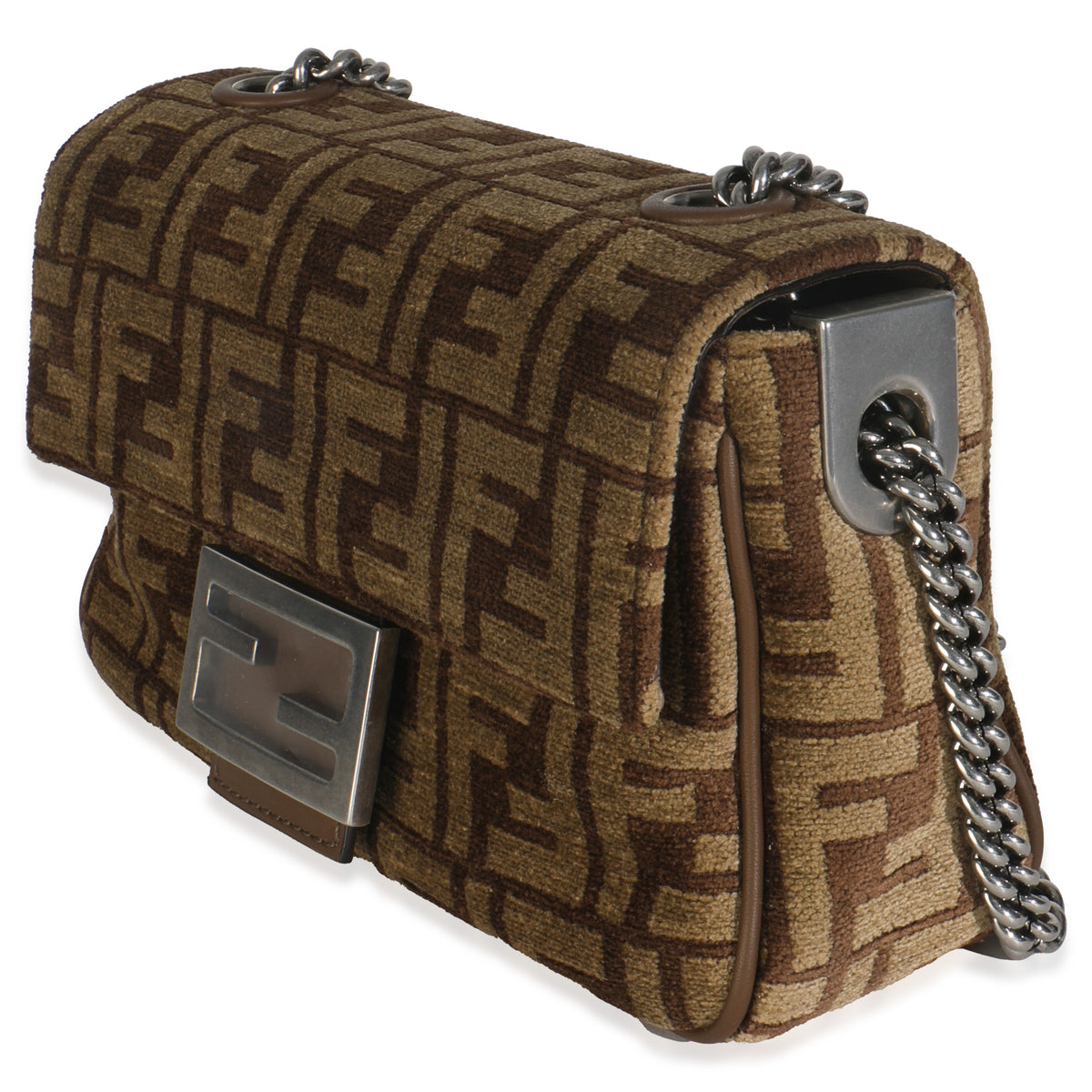 Brown Chenille Vitello Seta FF Midi Chain Baguette