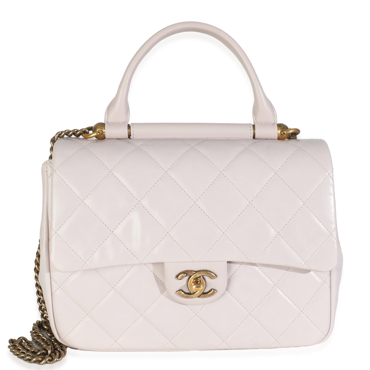 Chanel Light Pink Quilted Glazed Calfskin Medium Gold Bar Top Handle Flap Bag Handbag fv