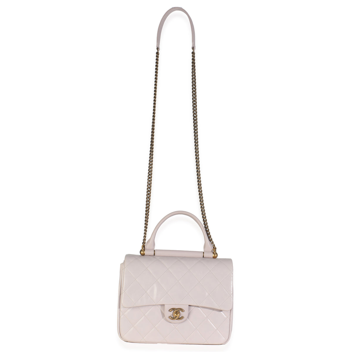 Light Pink Quilted Glazed Calfskin Medium Gold Bar Top Handle Flap Bag