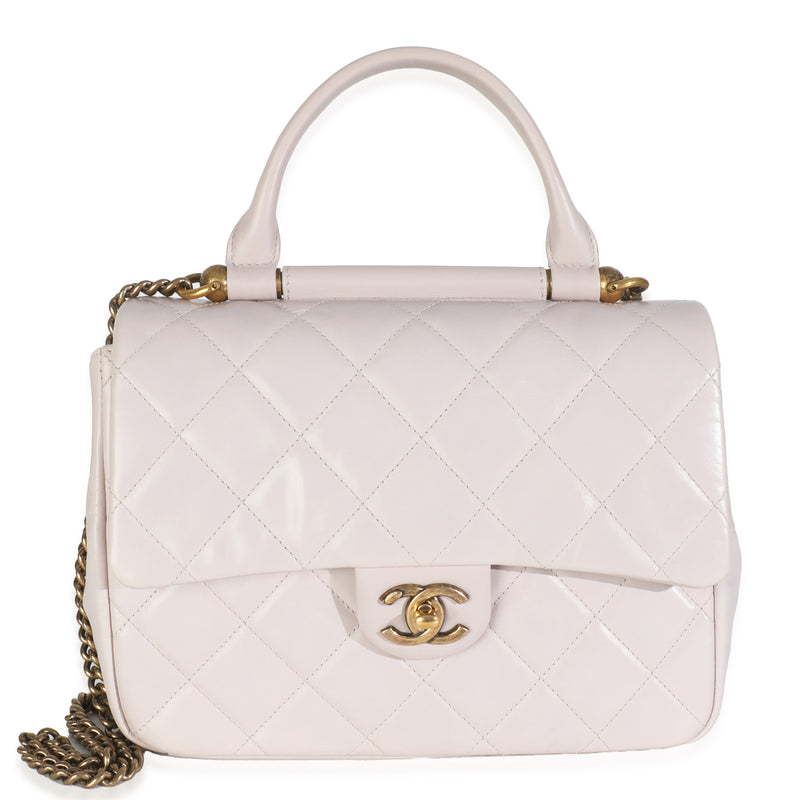 Light Pink Quilted Glazed Calfskin Medium Gold Bar Top Handle Flap Bag