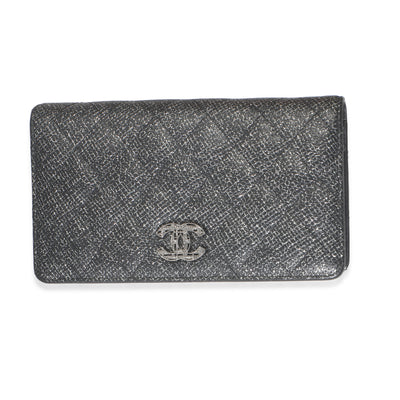 Black Glitter Quilted Calfskin Long Flap Wallet