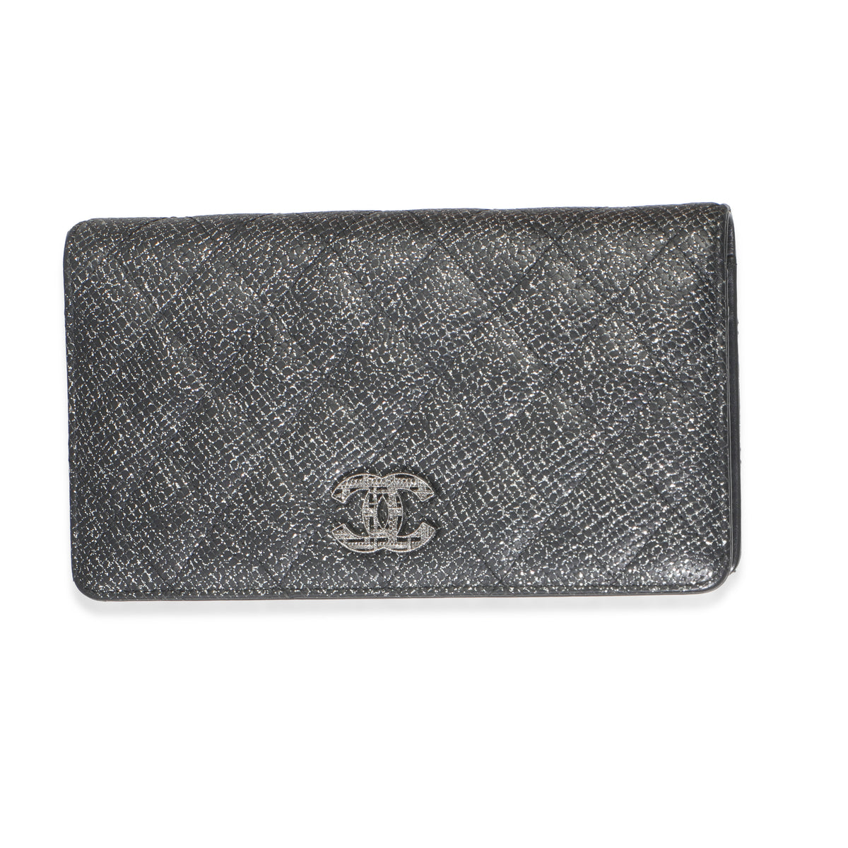 Black Glitter Quilted Calfskin Long Flap Wallet
