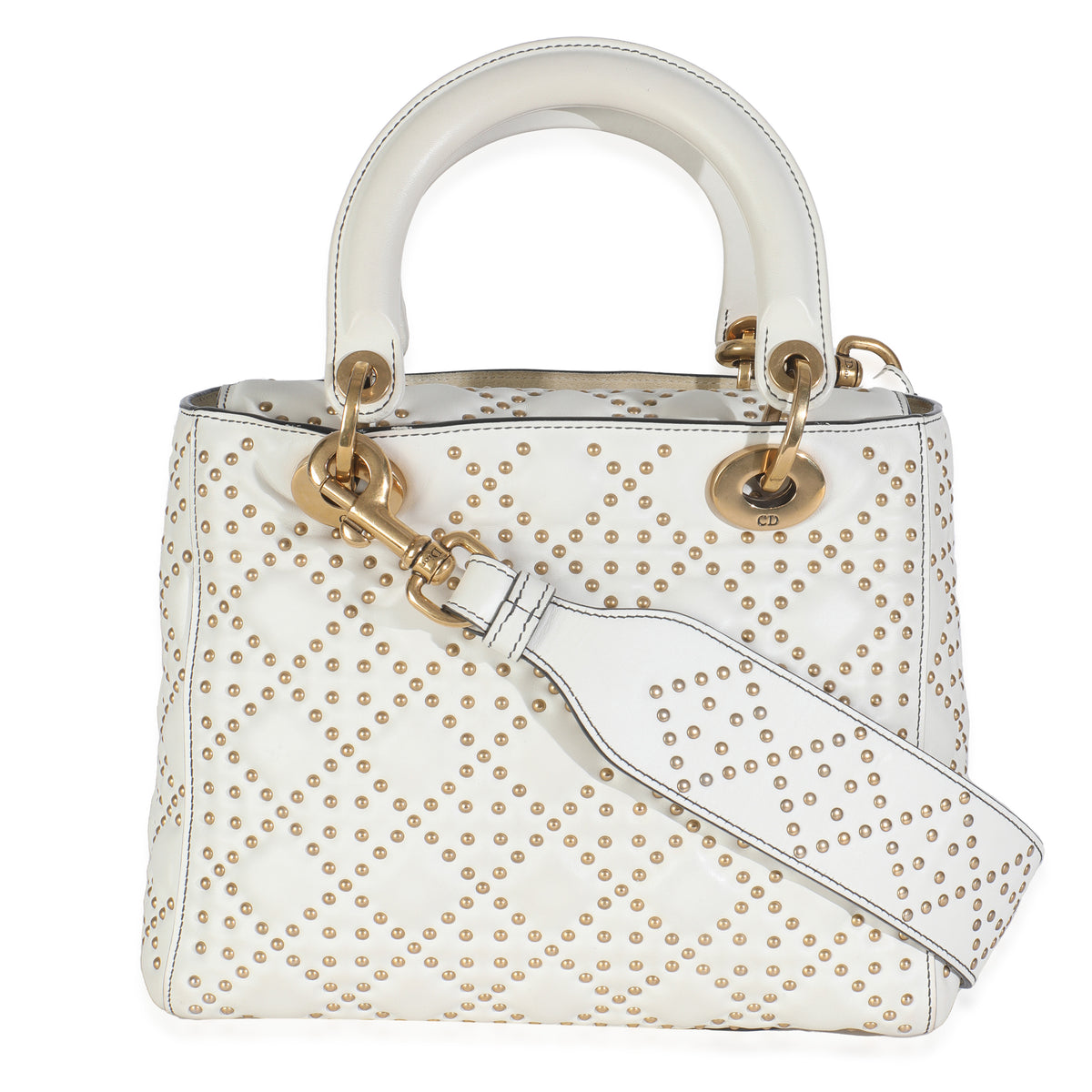 Christian Dior White Cannage Supple Studded Calfskin Medium Lady Dior Handbag bv