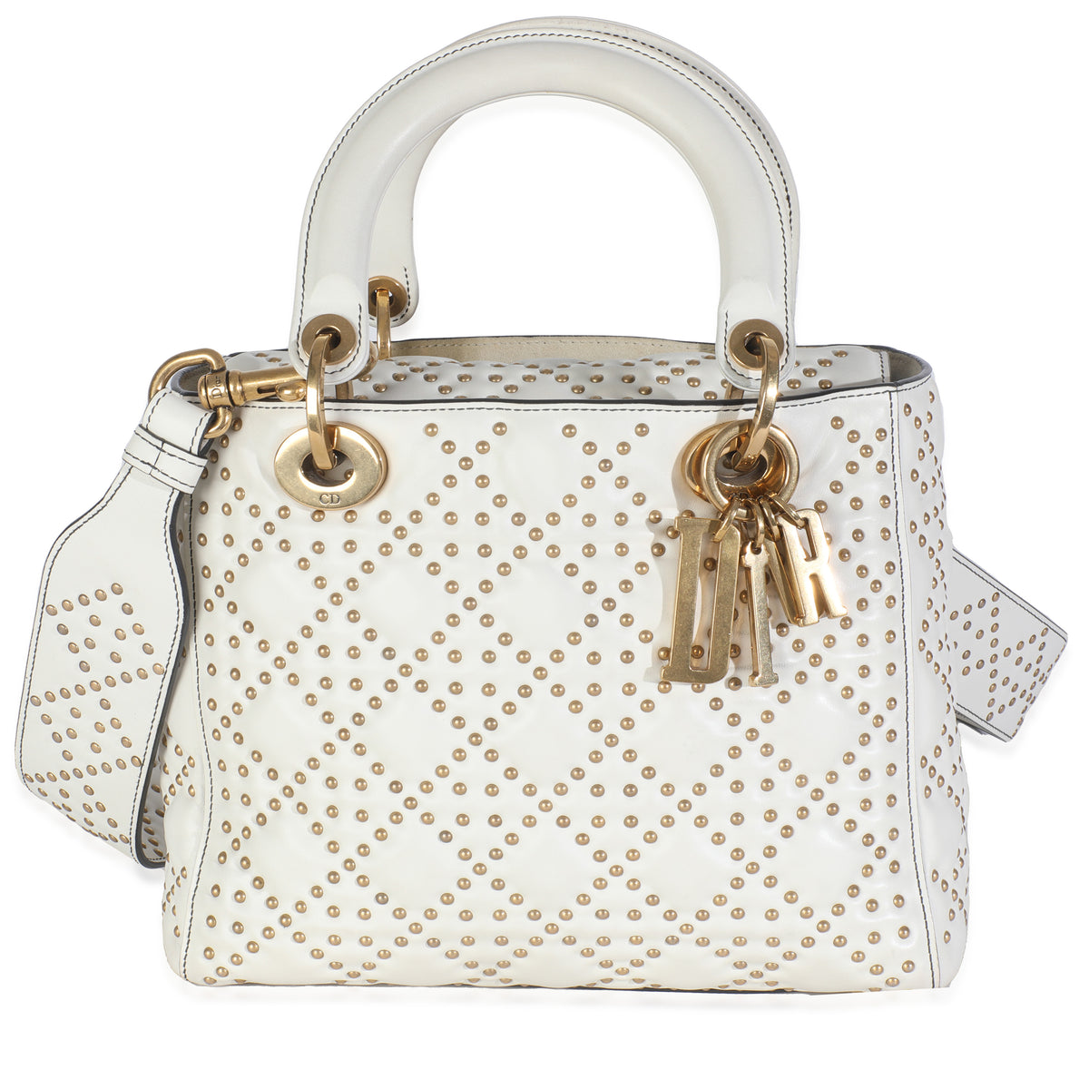 Christian Dior White Cannage Supple Studded Calfskin Medium Lady Dior Handbag fv