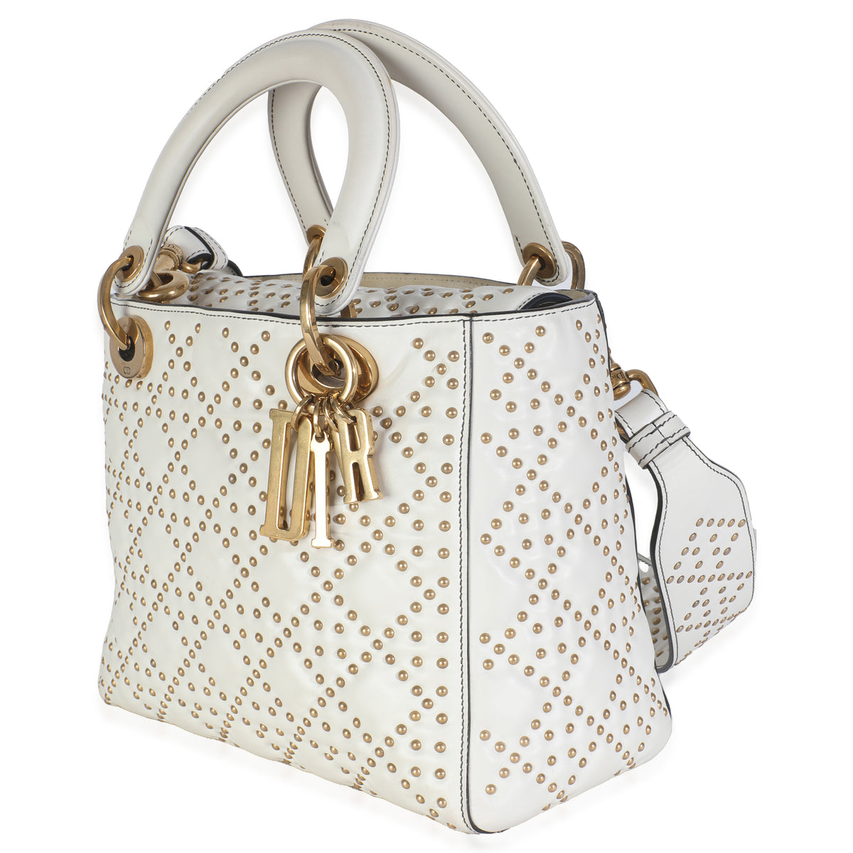Christian Dior White Cannage Supple Studded Calfskin Medium Lady Dior Handbag sv