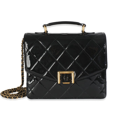 23A Black Quilted Patent Accordion Pushlock Top Handle Flap Bag