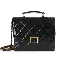 23A Black Quilted Patent Accordion Pushlock Top Handle Flap Bag