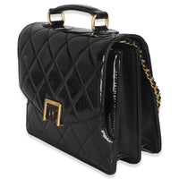 23A Black Quilted Patent Accordion Pushlock Top Handle Flap Bag