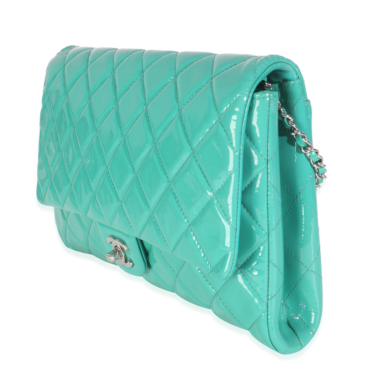 Chanel Turquoise Quilted Patent Classic Flap Clutch With Chain Handbag sv