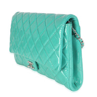 Chanel Turquoise Quilted Patent Classic Flap Clutch With Chain Handbag sv