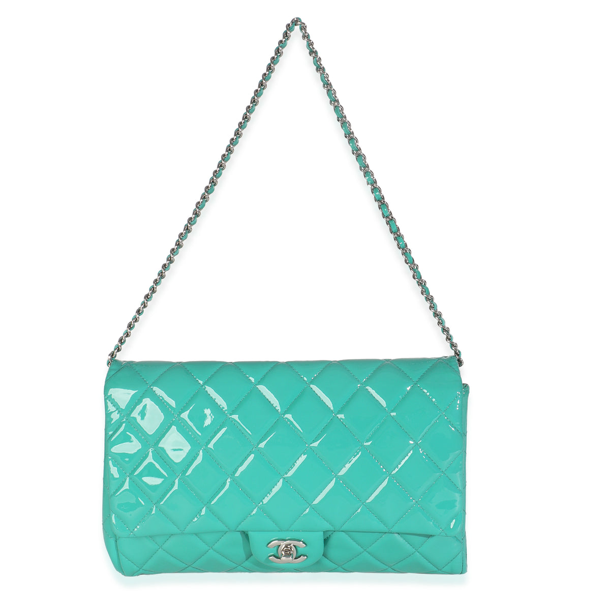 Turquoise Quilted Patent Classic Flap Clutch With Chain