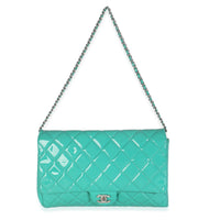 Turquoise Quilted Patent Classic Flap Clutch With Chain