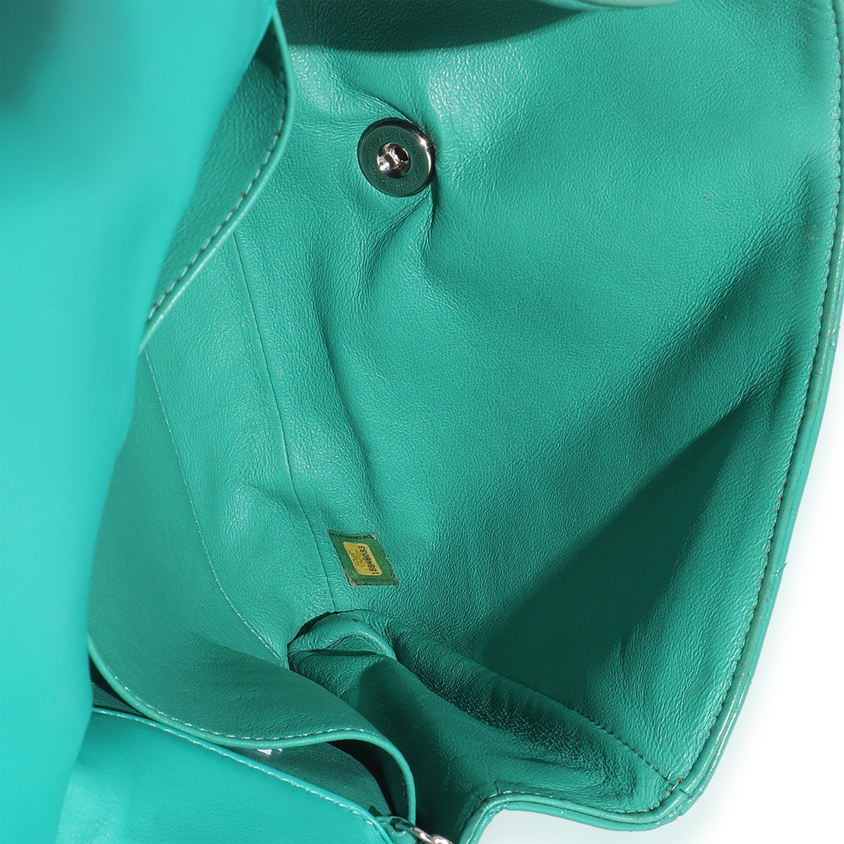 Turquoise Quilted Patent Classic Flap Clutch With Chain