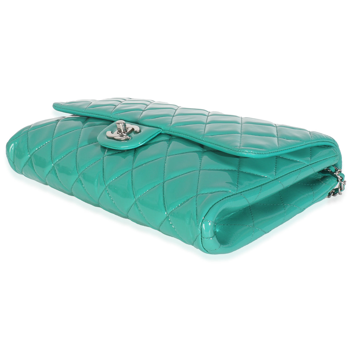 Turquoise Quilted Patent Classic Flap Clutch With Chain