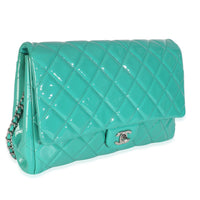 Turquoise Quilted Patent Classic Flap Clutch With Chain