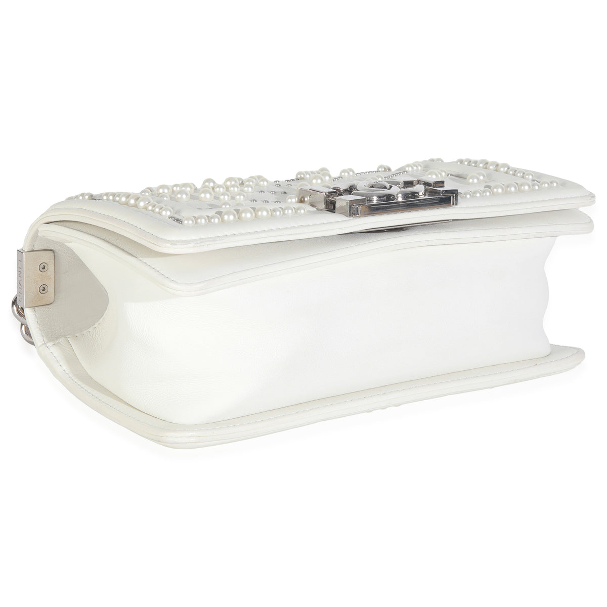 Chanel White Calfskin Pearl Chevron Small Boy Bag Handbag clasp