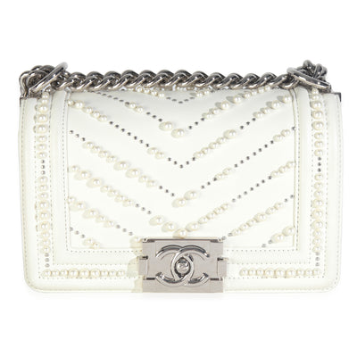 Chanel White Calfskin Pearl Chevron Small Boy Bag Handbag fv
