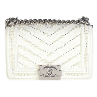 Chanel White Calfskin Pearl Chevron Small Boy Bag Handbag fv