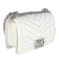 Chanel White Calfskin Pearl Chevron Small Boy Bag Handbag pv