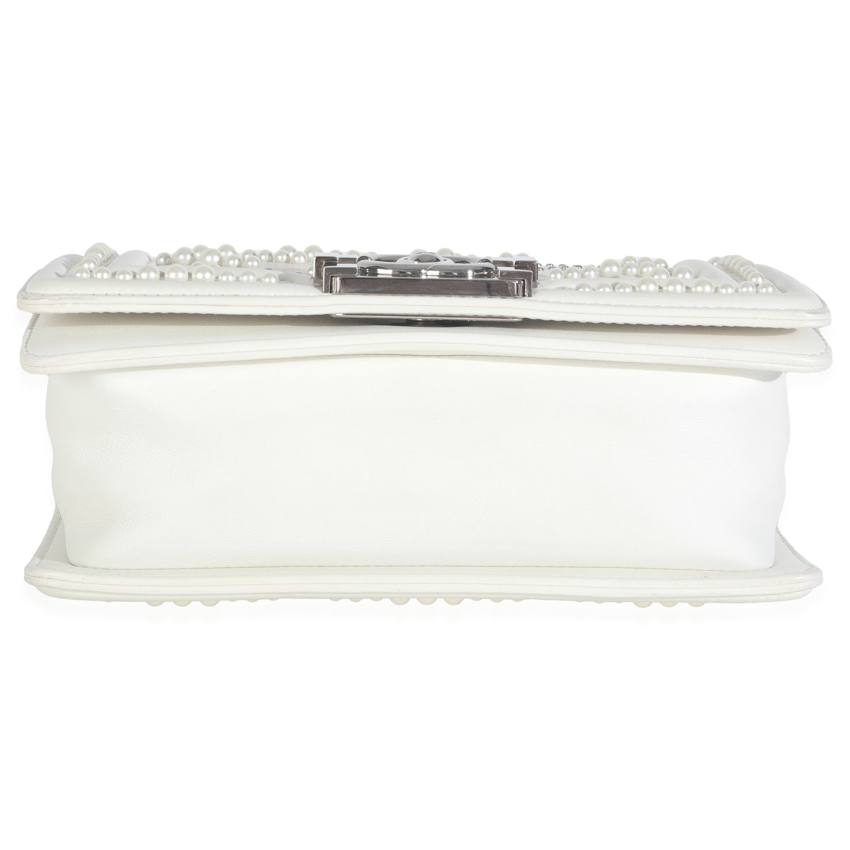 Chanel White Calfskin Pearl Chevron Small Boy Bag Handbag stamp