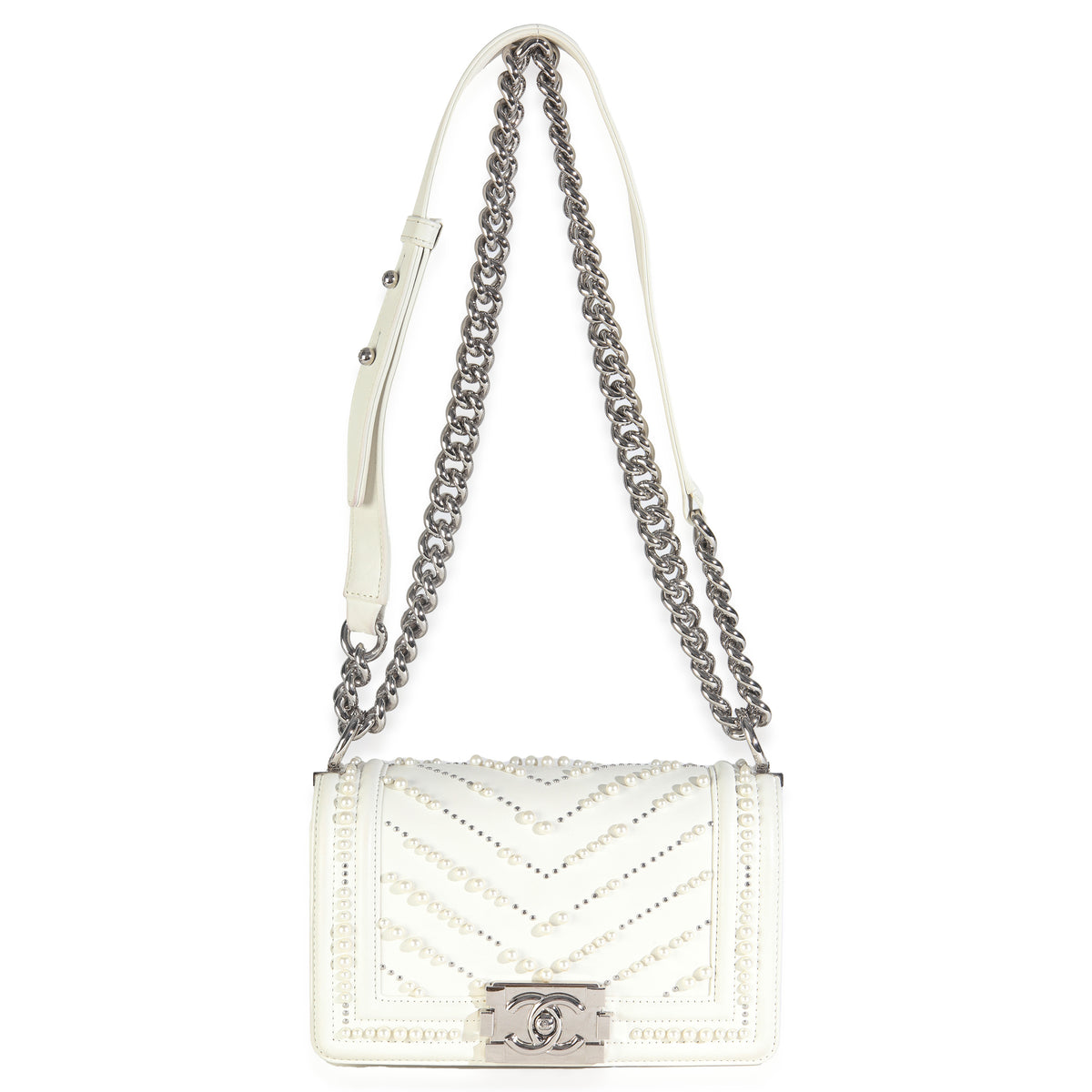White Calfskin Pearl Chevron Small Boy Bag